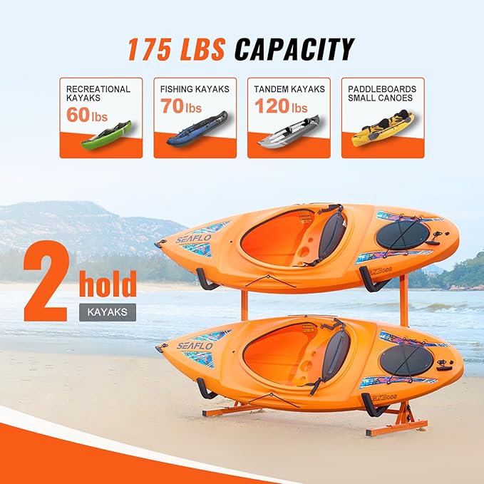 VEVOR Freestanding Kayak Storage Rack, Kayak Stand for 2 or 4 Kayak Canoe Paddleboard, Heavy-Duty Steel Kayak Hanger Holder with Padded Arms and Adjustable Width,for Indoor Outdoor Garage