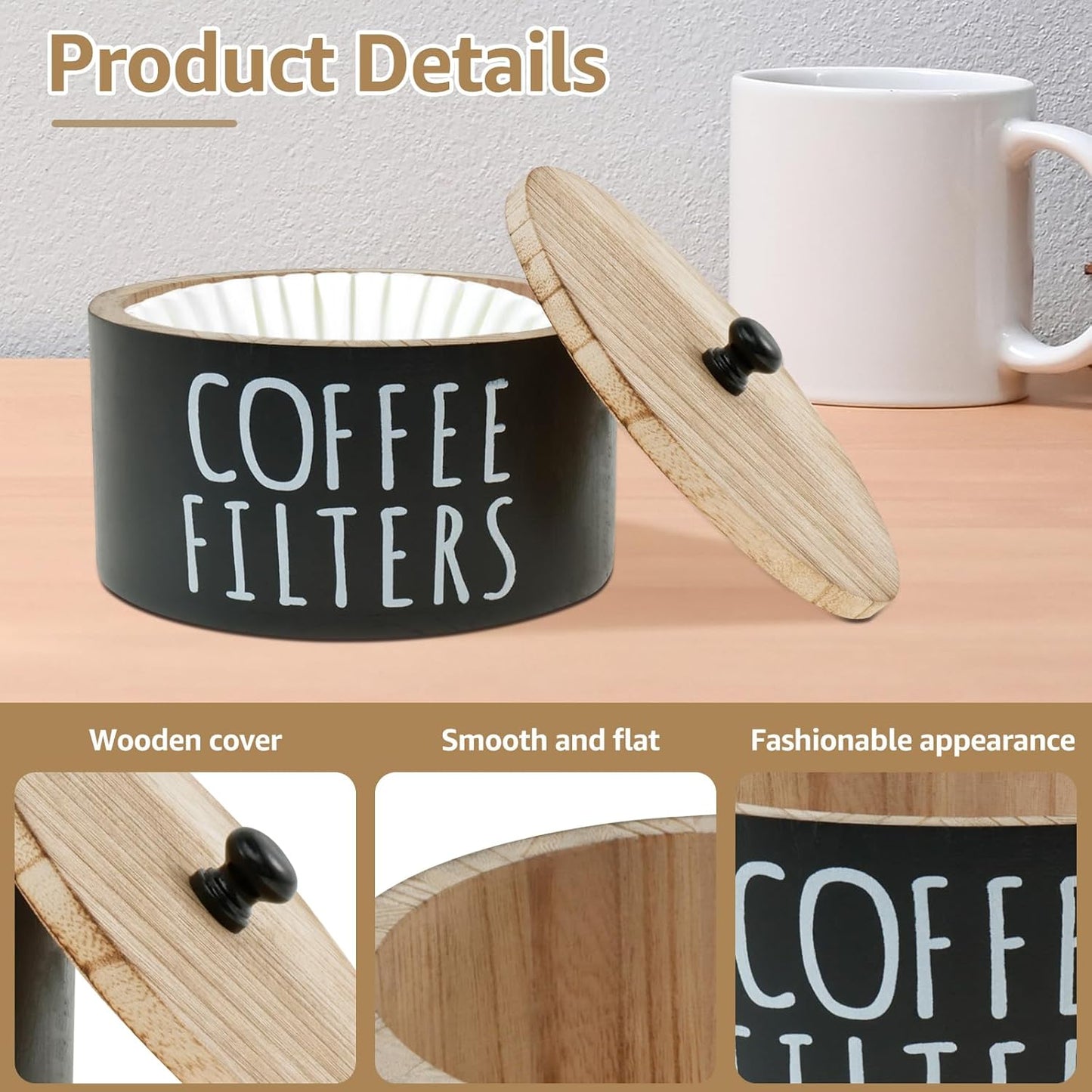 Wooden Coffee Filter Holder & Storage Organizer - Large Capacity Rustic Coffee Filter Dispenser with Bamboo Lid, Multipurpose Coffee Pod & Filter Basket for Bar Counter, Kitchen, or Coffee Bar Decor