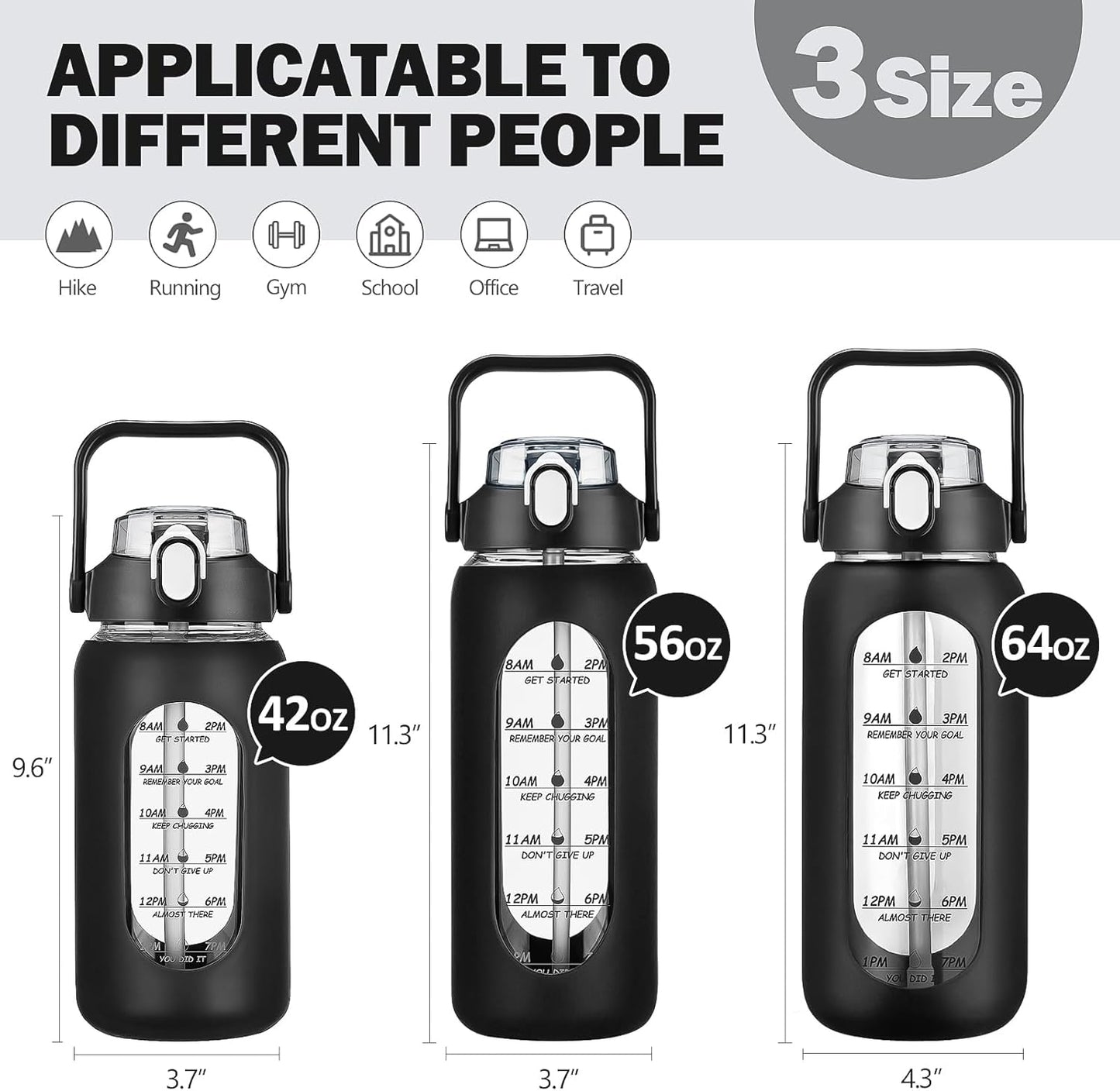 kytffu 42oz Glass Water Bottles with Straw, Motivational Glass Bottle with Silicone Sleeve and Time Marker, Leakproof Large Glass Water Jug for Gym Home Office,Black