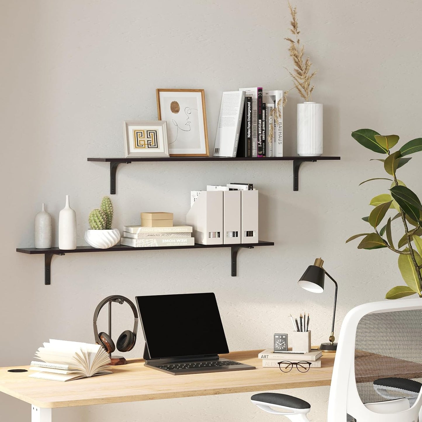 DINZI LVJ Long Wall Shelves, 47.3Inch Wall Mounted Shelves Set of 2, Extra Large Wall Storage Ledges with Sturdy Metal Brackets for Living Room, Bathroom, Bedroom, Kitchen, Espresso