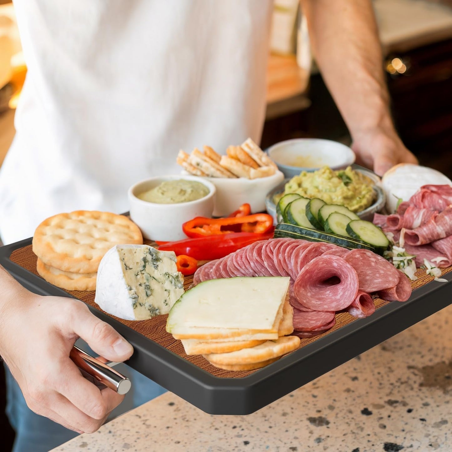 Wood Cutting Board with Handle, Double Sided Cutting Board for Kitchen, 16 * 11 inch 304 Stainless Steel Chopping Board for or Kitchen Meal Prep Serving