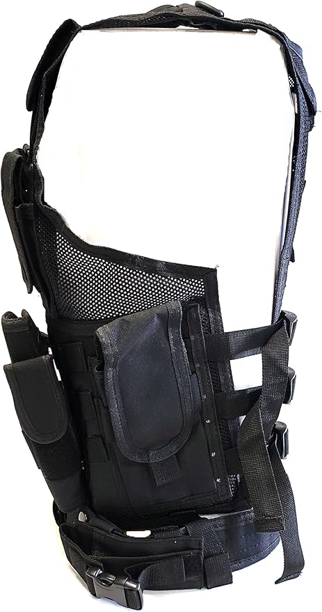 Light Weight Upgraded Tactical Airsoft or Paintball Vest - Duty Belt, Pistol Holster, 9 Pouches - Black