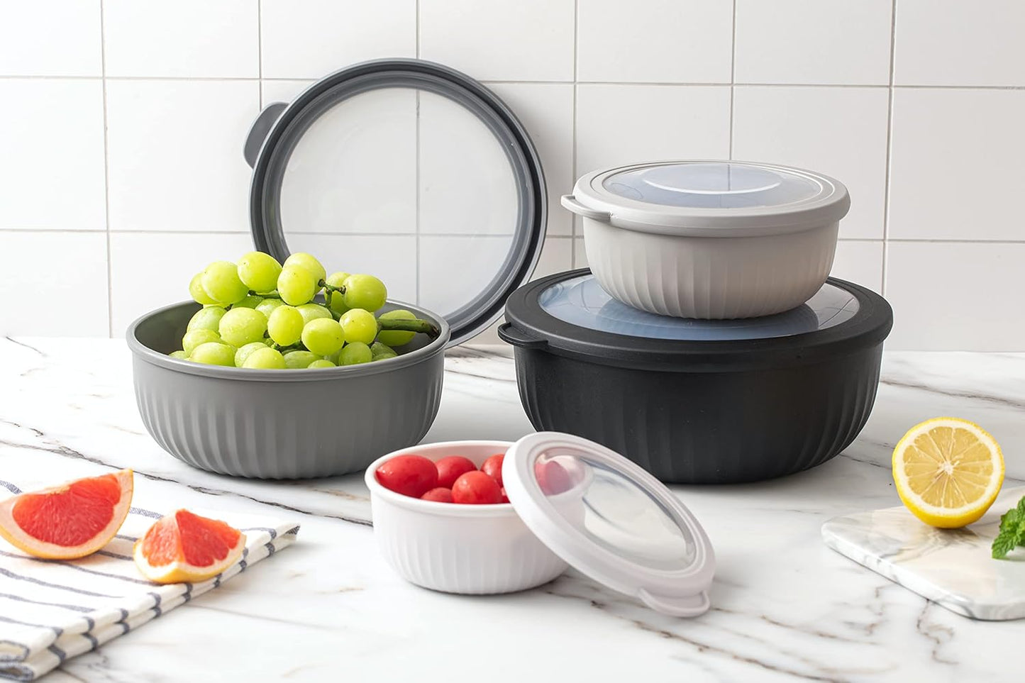 COOK WITH COLOR Prep Bowls with Lids- Wide and Deep Nesting Plastic Small Mixing Bowl Set with Lids, 8 Piece Set - Wide Bowls, Black/White