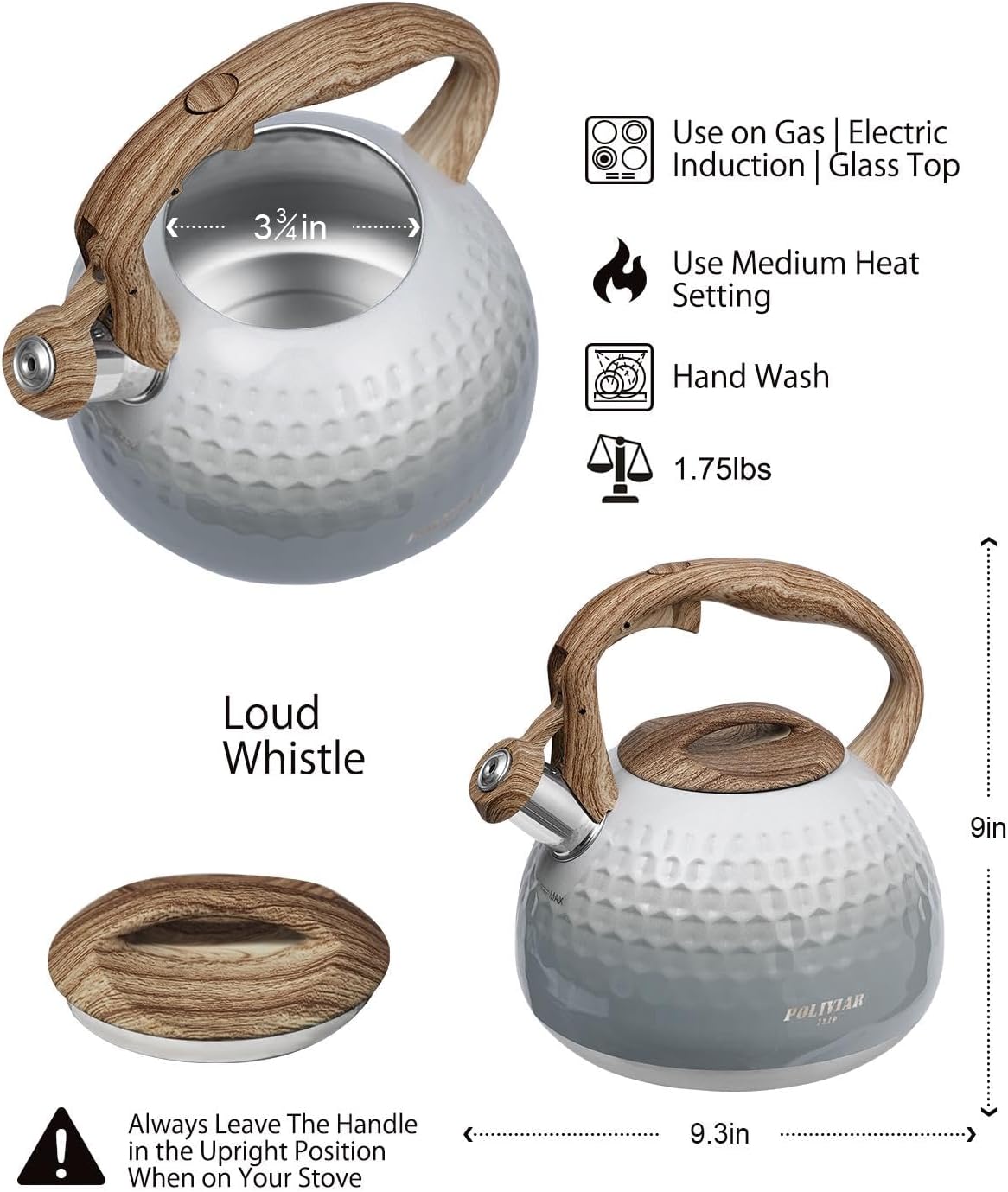 POLIVIAR Tea Kettle, Antique White Stovetop Tea Kettle 2.7 Quart, Audible Whistling Teapot, Food Grade Stainless Steel for Anti-Rust, Anti Hot Handle, Suitable for All Heat Sources (JX2020-YH30)