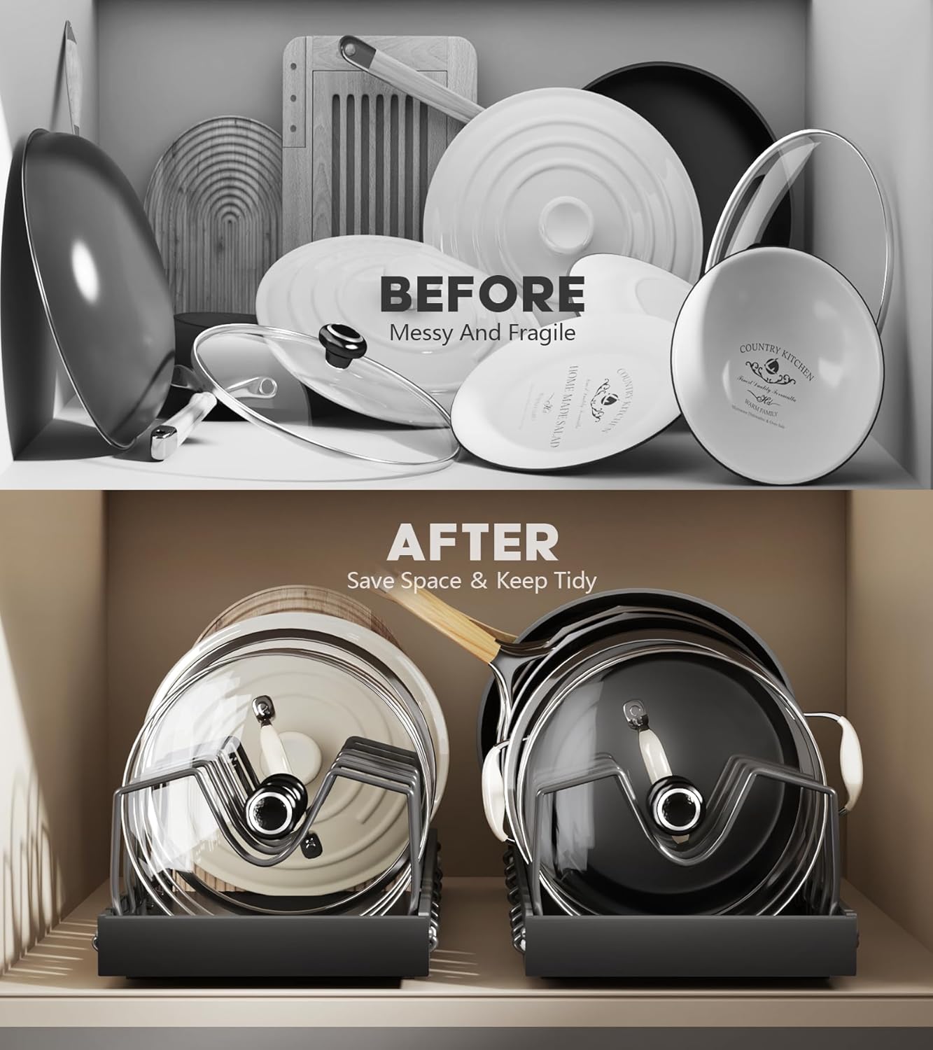 Pull Out Pots and Pans Organizer Under Cabinet, Expandable Sliding Lid Holder and Pan Rack for Kitchen, Slide Out inside Cabinet for Pot Lid, Bakeware, Dishes, 10 Adjustable Dividers, 1 Pack Black