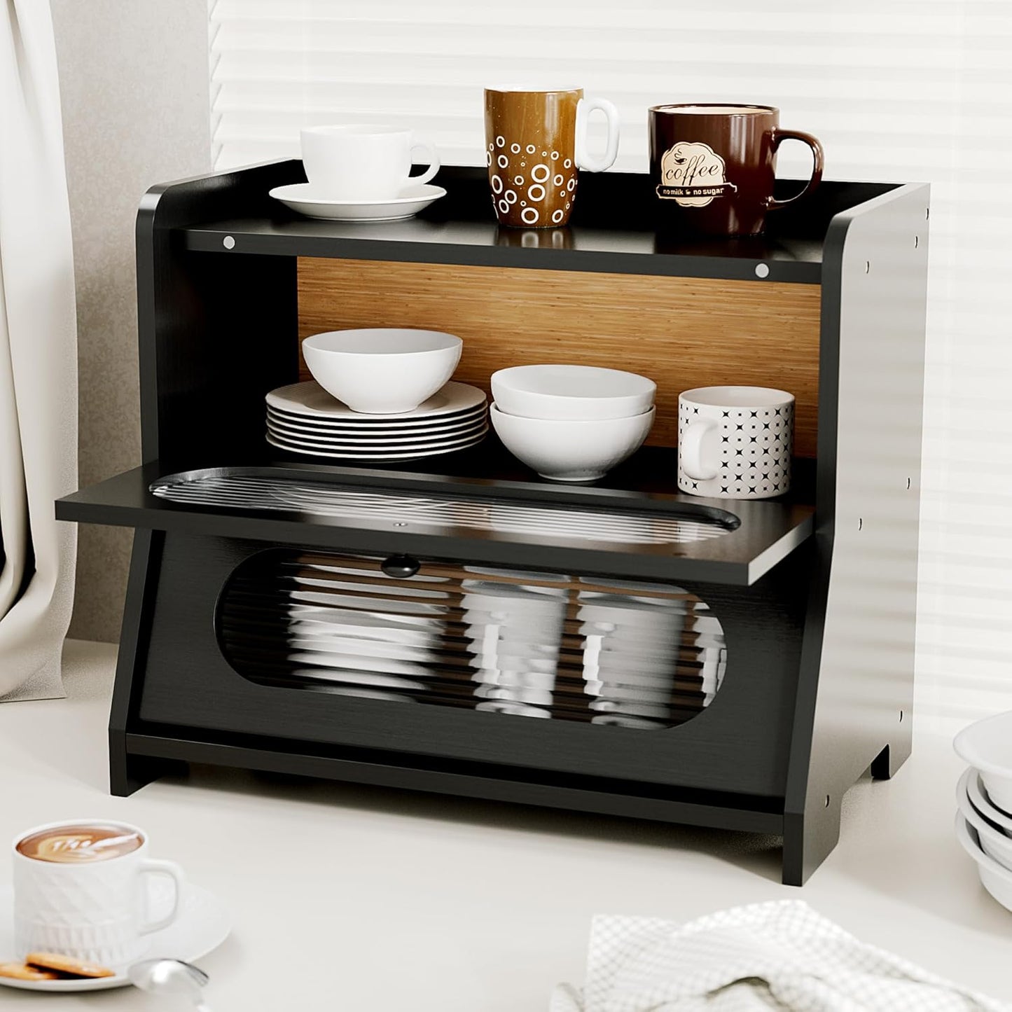 Bread Box for Kitchen Countertop,Double Layer Large Capacity Bamboo Bread Storage Container with Acrylic Wavy Door Panel for Kitchen Counter,Cabinet,Pantry(Black)