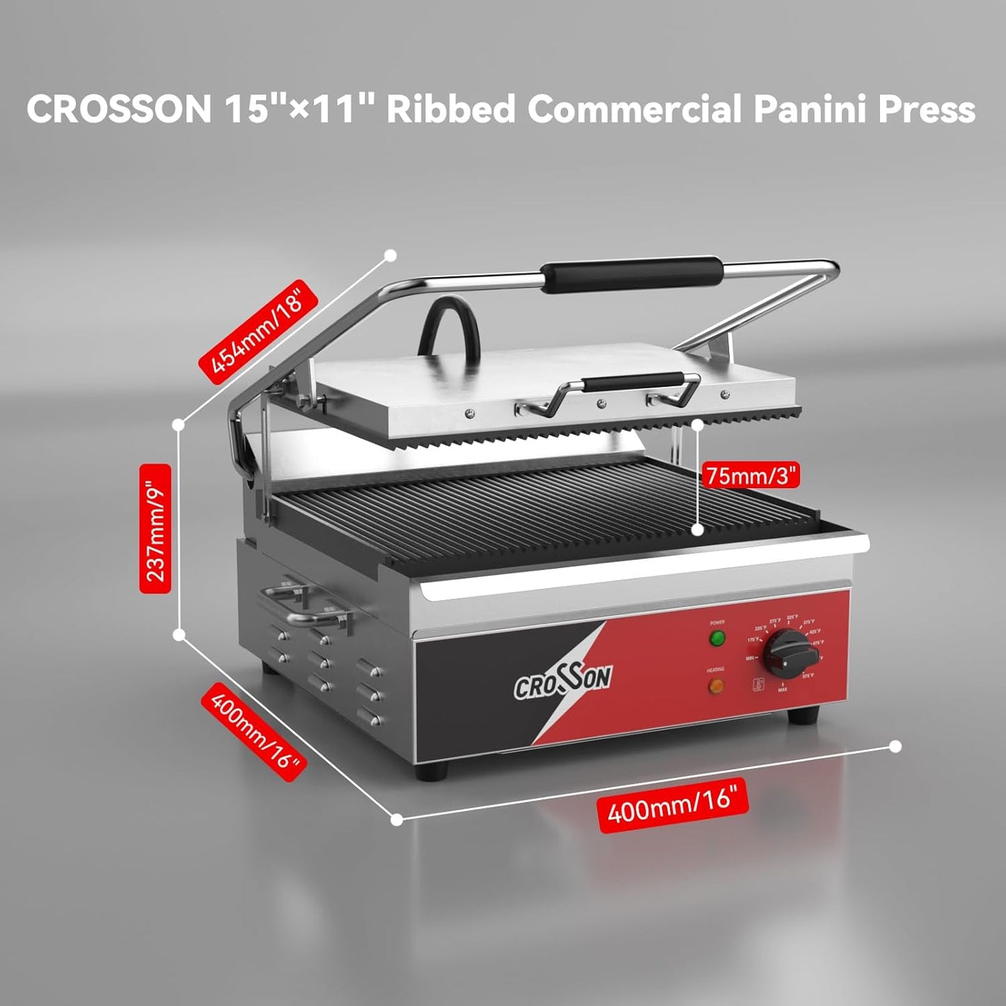 CROSSON 15"×11" Ribbed ETL Listed Commercial Electric Panini Grill,Hinged Auto Leveling Top Plate Panini Press Sandwitch Maker