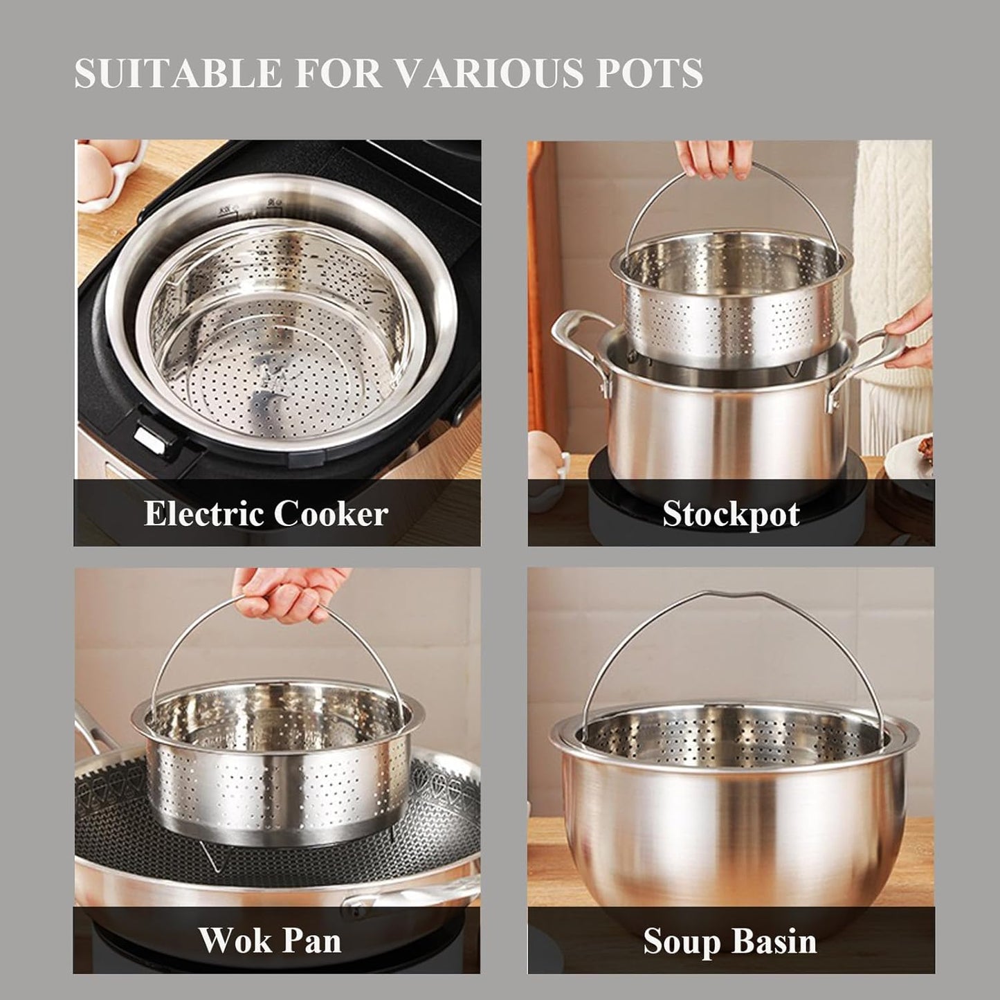 Vegetable Steamer Basket, Stainless Steel, Round, Silver, 8.6in