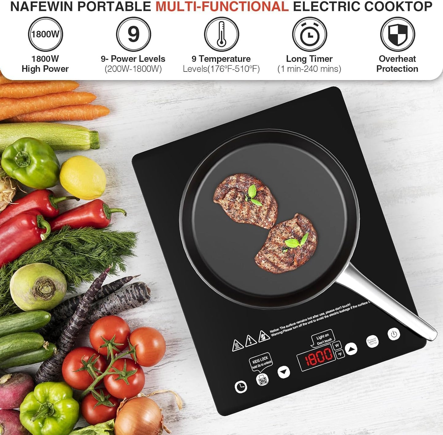 Single Burner Electric Cooktop, 1800W Electric Stove Top Portable, Infrared Hot Plate 110v Plug in Countertop, Child Safety Lock, Timer, 9 Power Level, Compatible for All Cookware, Induction Cookotp