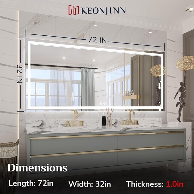 Keonjinn 72 x 32 Inch LED Bathroom Mirror IP54, Tempered