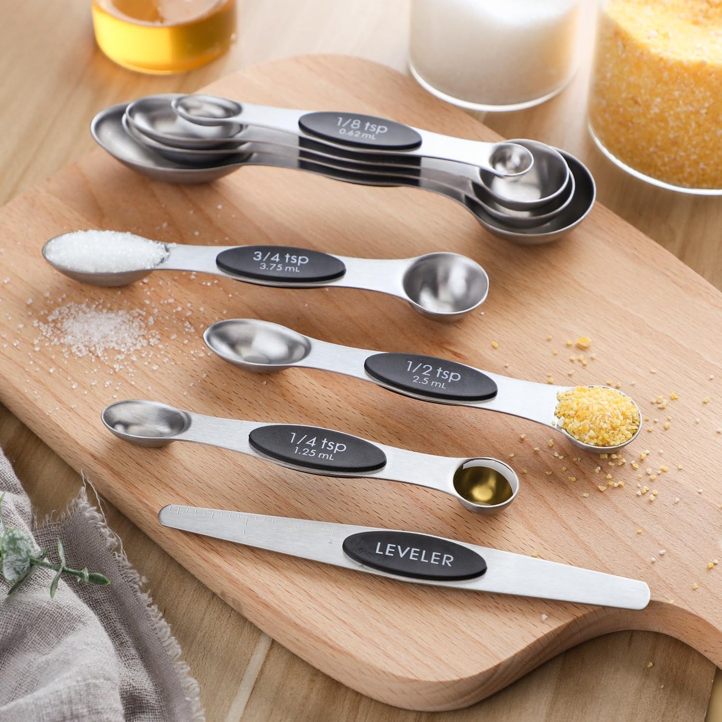 Magnetic Measuring Spoons Set of 9 Stainless Steel Dual Sided Stackable Teaspoon Tablespoon Nesting Measuring Spoon for Measuring Dry and Liquid Ingredients Fits in Spice Jar