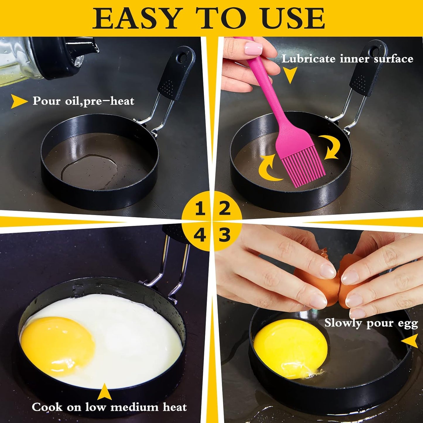 3.5'' Egg Rings with Silicone Handle, Stainless Steel Egg Cooking Rings,Nonstick,For Frying Eggs and Egg Mcmuffins, Egg Mold For Breakfast