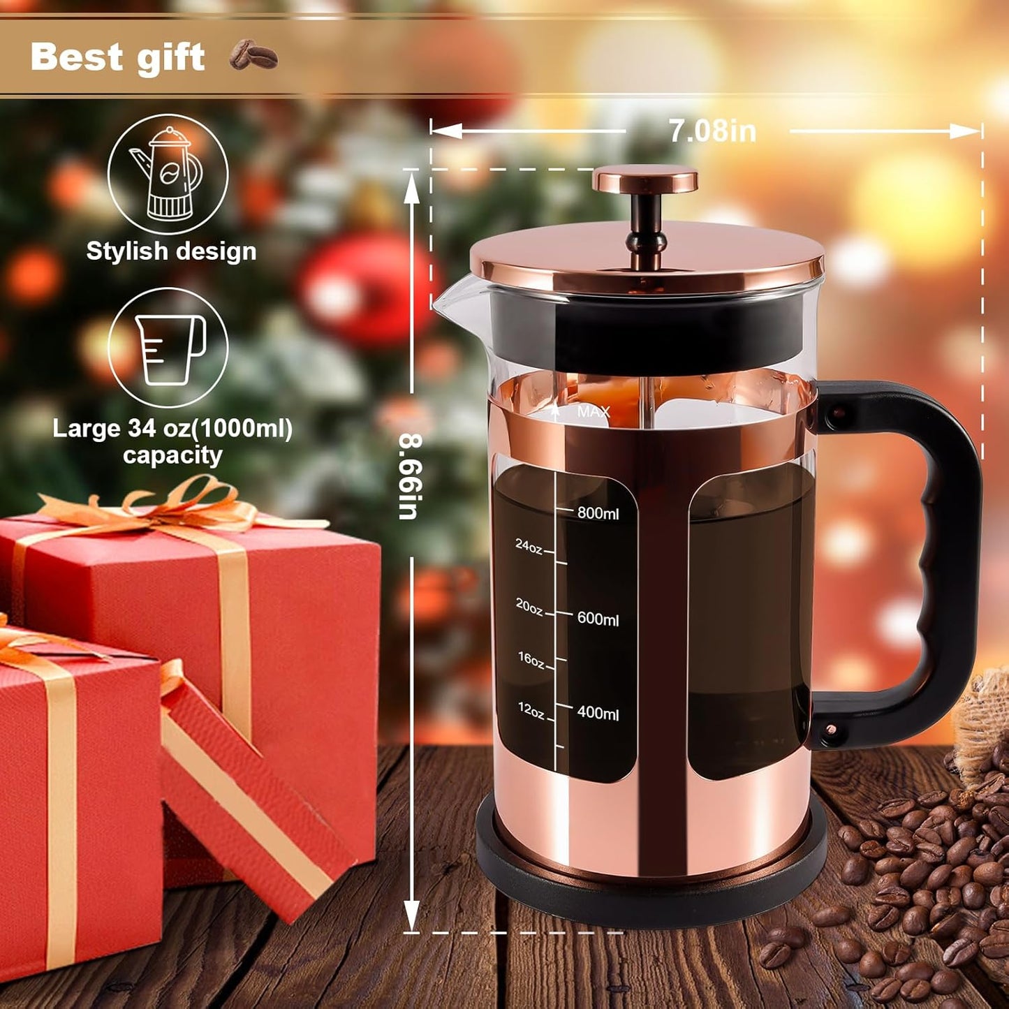 French Press Coffee Tea Maker, Upgrade Heat Cold Resistant Thickened Glass with 4 Level Stainless Steel Filtration System Brew Coffee & Tea, BPA Free, Large 1000ml 34oz,Rose Gold
