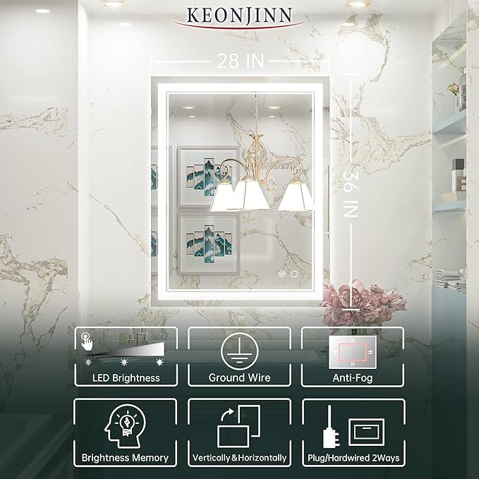 Keonjinn LED Bathroom Mirror 28 x 36 Inch