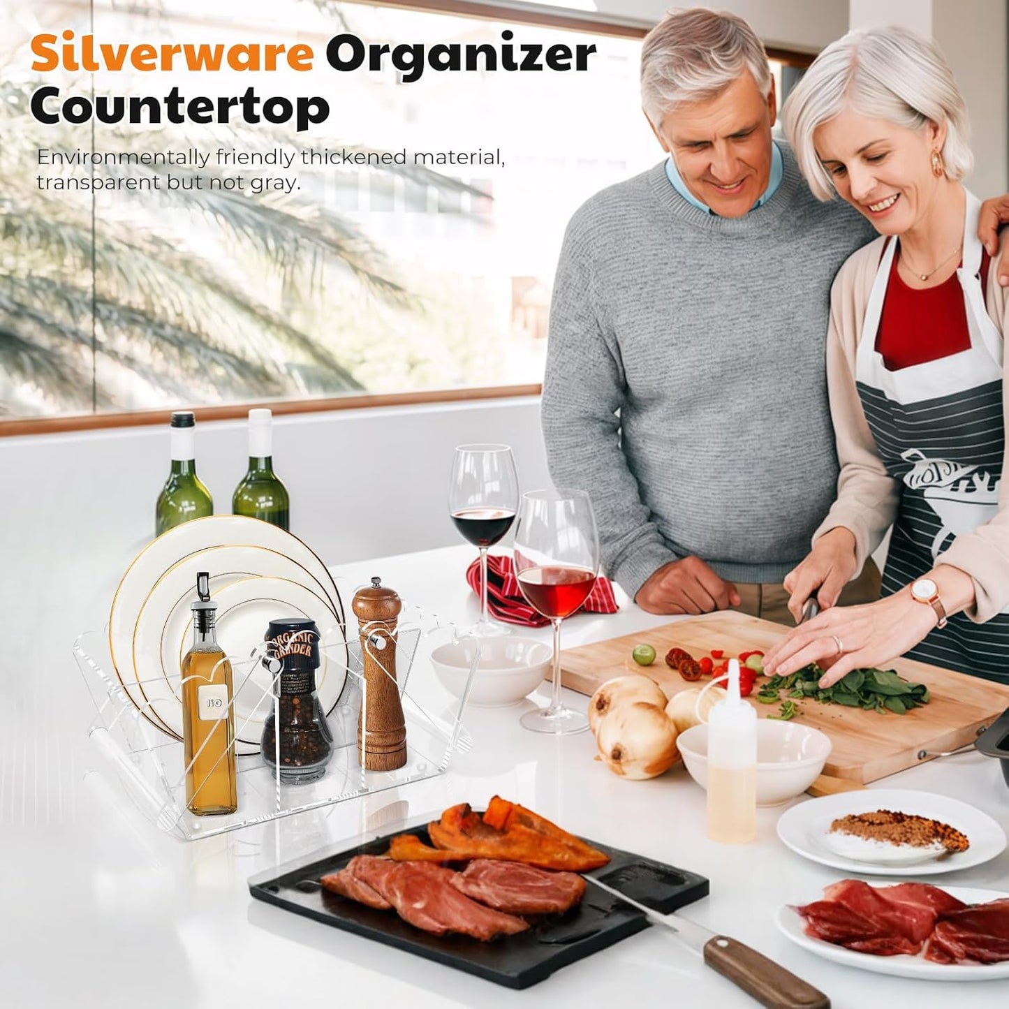 Scalloped Silverware Organizer. Acrylic Utensil Caddy.Heavy-Duty Countertop Cutlery Holder for Spoons,Forks,Knives, Napkins,Plates Space-Saving Countertop Cutlery Caddy - Picnic Party Essential