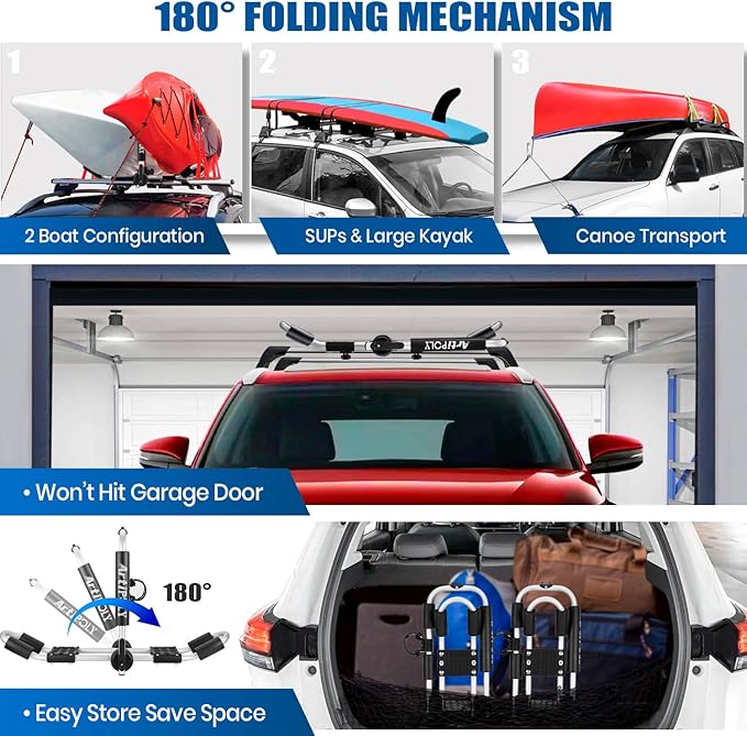 Kayak Roof Rack for 2 Kayaks, 4-in-1 Multifunction Bilateral Kayak & Canoe Car Racks J-Bar with Paddle Holder for Easy Mount Kayak/Surf/Ski/Canoe/SUP on SUV, Car and Truck Crossbar