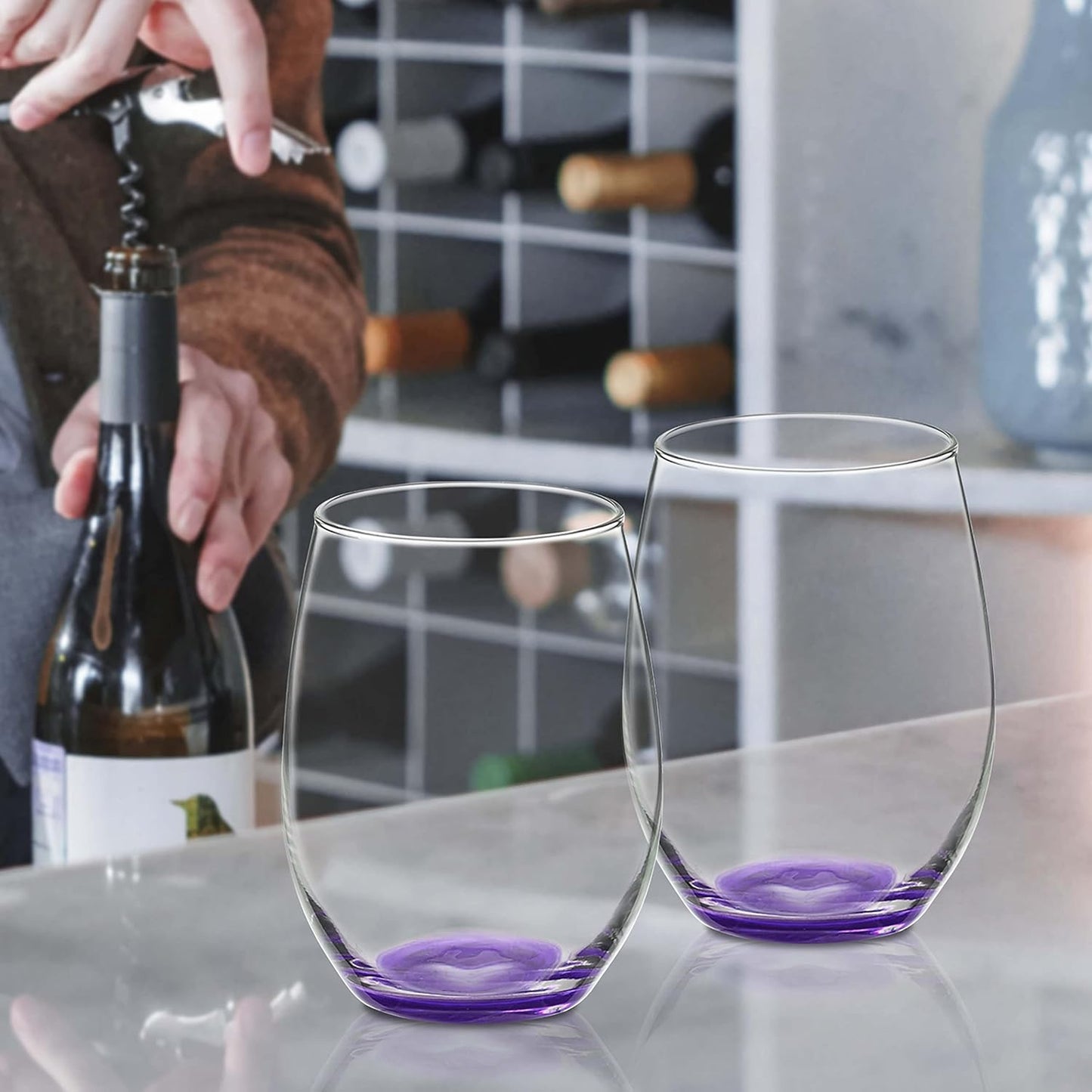 DISCOUNT PROMOS 10 ARC Stemless Wine Glasses Set, 21 oz. - Chardonnay, Cabernet, Merlot, Sauvignon - Purple