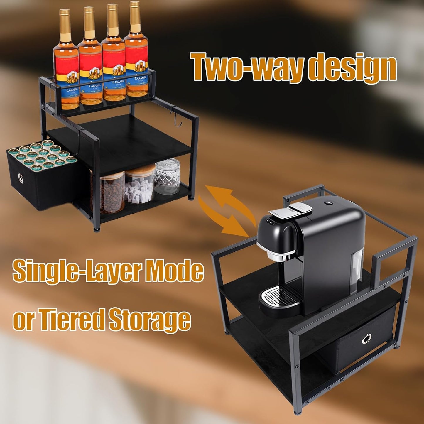 3-Tier Coffee Syrup Organizer (12 Bottles Capacity), Stepped Design Syrup Rack with Fabric Drawer, Liquor Bottle Display Shelf, Bottle Holder for Liquor, Coffee, Spice, Syrup