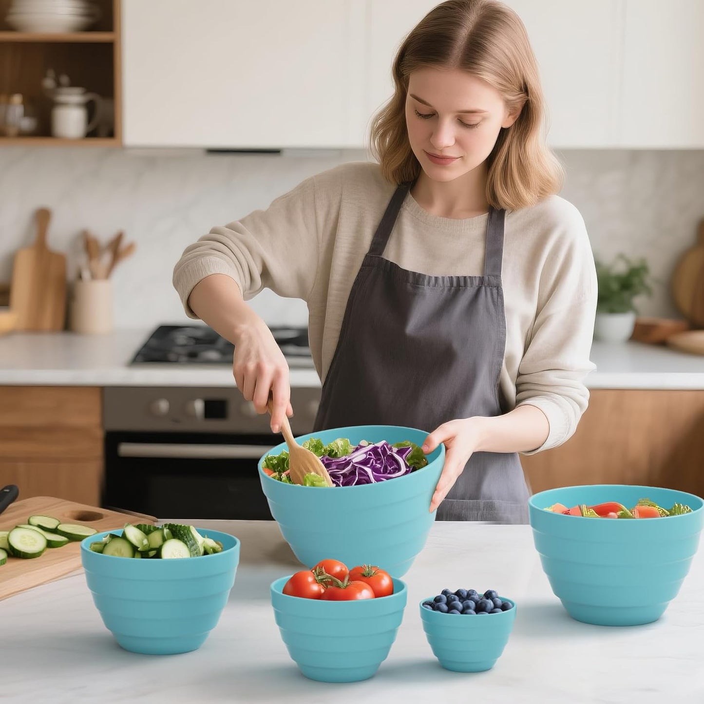 TP Mixing Bowls with Lids, 10-Piece Nesting Melamine Bowls Set for Prepping Serving Baking Cooking, Non Slip Bottom, Set of 5, Teal