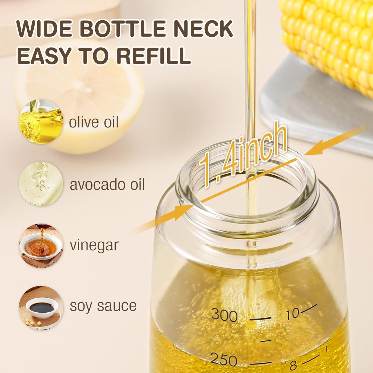 Vucchini Olive Oil Dispenser Bottle for Kitchen Auto Flip Vinegar Dispenser-Leakproof Soy Sauce Dispenser Glass Cruet, Non-Drip Spout Cooking Dispenser (Set of 2,10 oz)