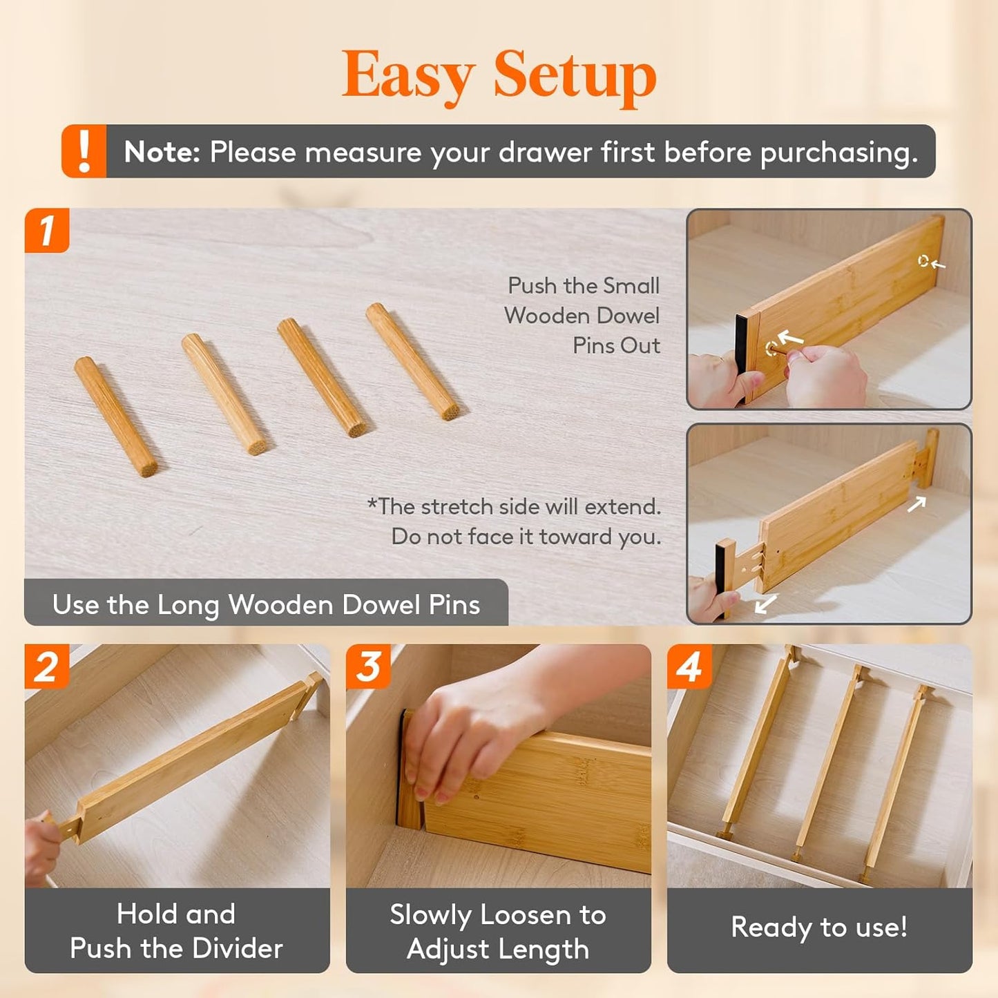 Lifewit 4 Pack Drawer Dividers Bamboo 4" High, 16-22" Adjustable Drawer Organizers for Clothes, Expandable Dresser Separators in Bedroom/Bathroom/Kitchen/Fridge/Office Organization and Storage