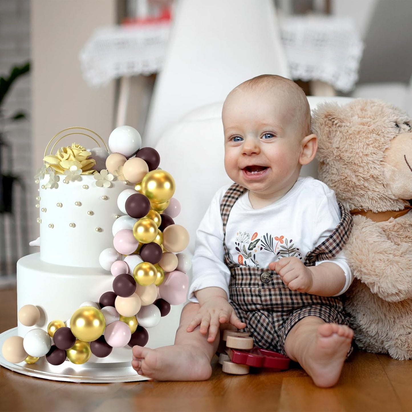 48 Pcs Balls Cake Topper Decorations Balloon Cupcake Toppers Foam Cake Topper Balls for Birthday Party Wedding Cake Decorating(Brown,White,Gold)