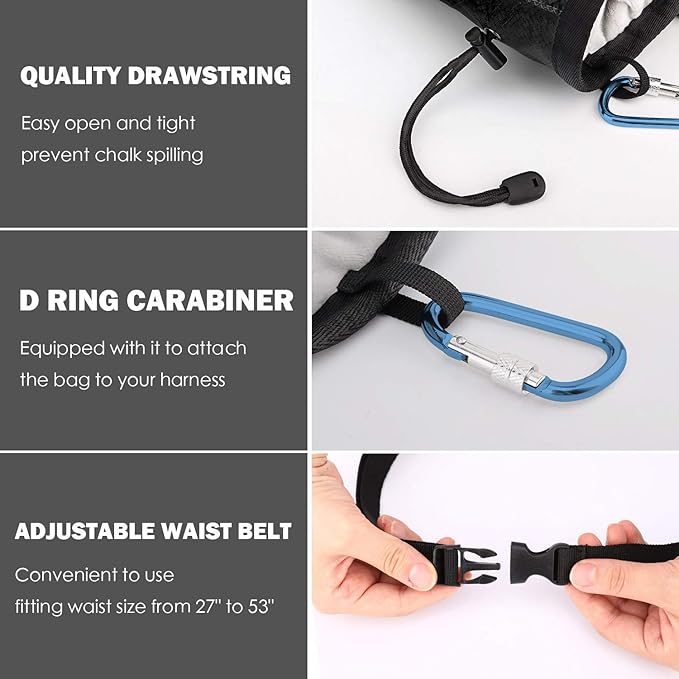 Rhino Valley Climbing Chalk Bag, No Leak Drawstring Chalk Bag with Adjustable Belt, Carabiner Clip and Zippered Pockets Chalk Bag for Climbing, Cross Fit, Weight Lifting & More