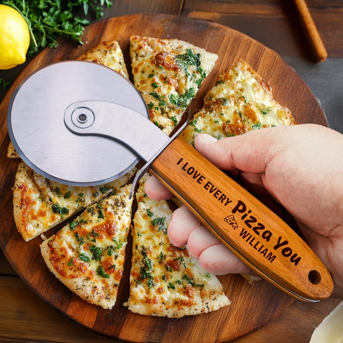 Pizza Cutter Wheel with Sharp Blade - Gifts for Men, Women, Gift for Husband, Birthday & Christmas Gift - Wooden Pizza Wheel Cutter (I Love Every Pizza You)