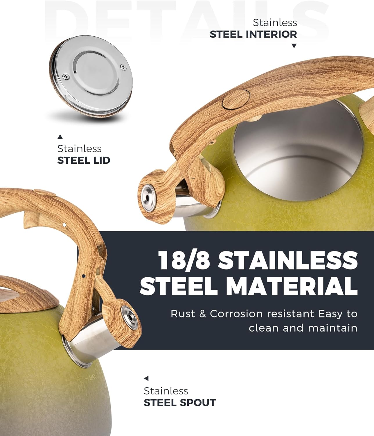 POLIVIAR Tea Kettle, 2.7 Quart Stovetop Tea Kettle, Audible Whistling Teapot with Crackle Finish, Food Grade Stainless Steel for Anti-Rust, Anti Hot Handle, Suitable for All Heat Sources (JX2023-LYG)