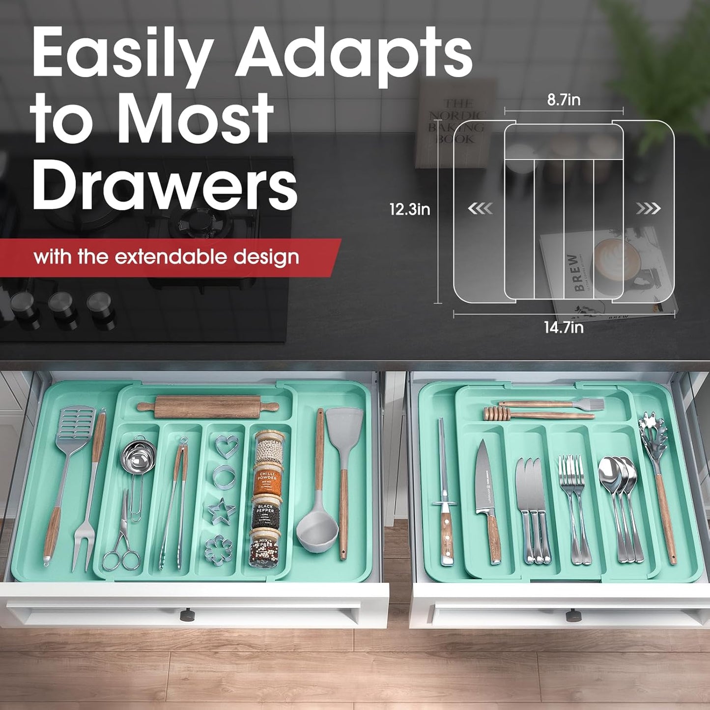 Aujen Silverware Organizer - Expandable Kitchen Drawer Organizer, Adjustable Utensil Organizer, Cutlery Tray for Forks, Knives, Multipurpose Kitchen Organizers and Storage Solution, Green, Medium