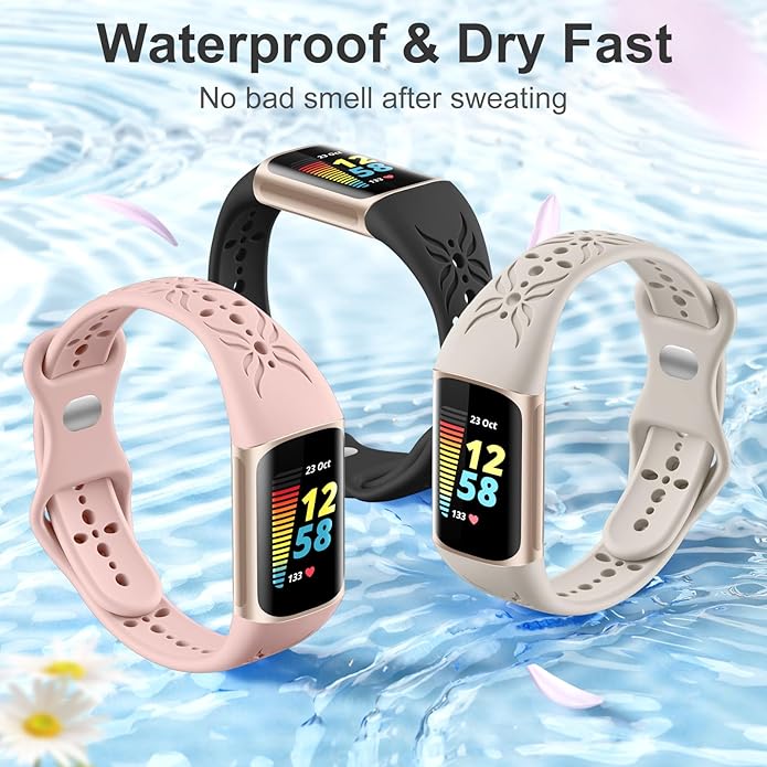 Maledan Slim Engraved Band Compatible for Fitbit Charge 6/Charge 5 Bands Women Men, Elegant Hollow-out Pattern Bracelet Strap Loops Wristbands for Fitbit Charge 5/Charge 6 Fitness Tracker Accessories