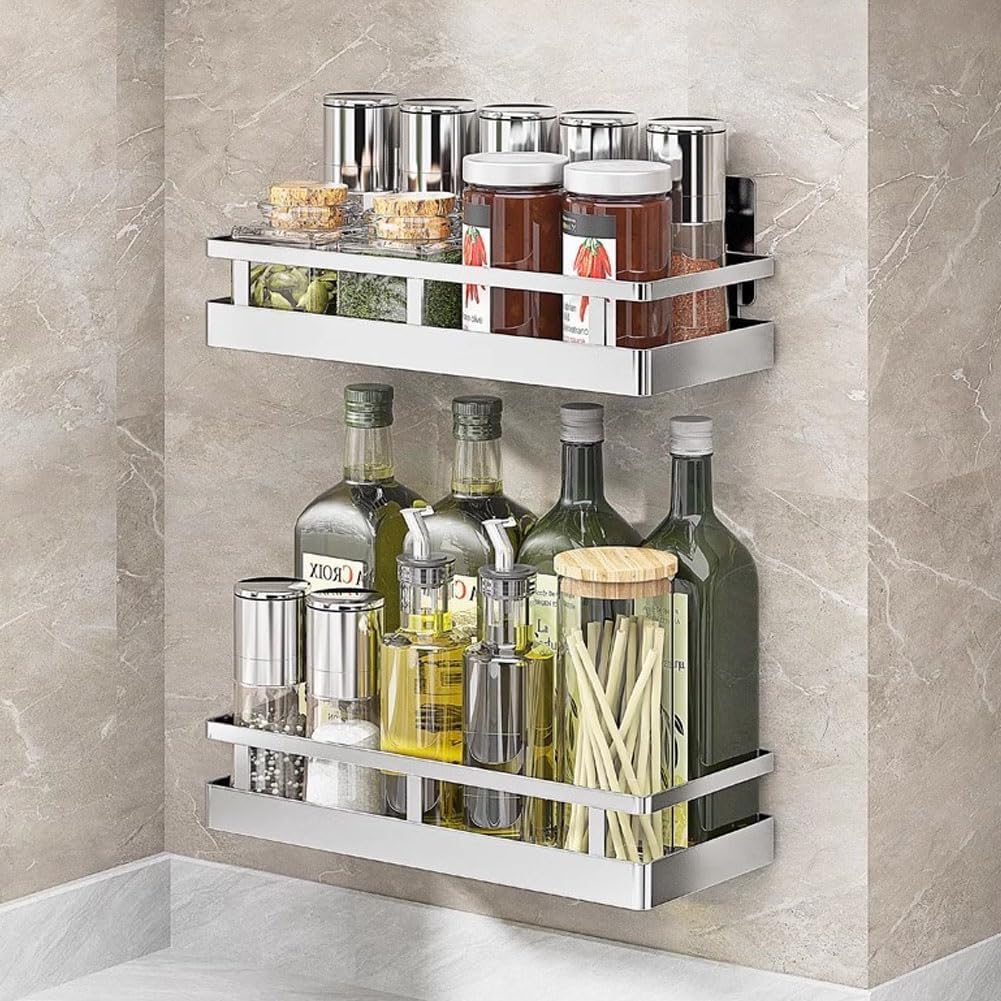 SUS304 Stainless steel Wall Mount Spice Rack Storage Basket - Seasoning Container, Kitchen Spice Organizer -Kitchen Seasoning Hanging Rack - Bathroom Shelf (Silver)
