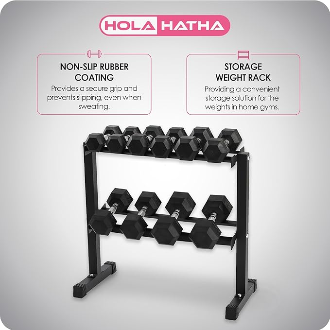 HolaHatha 10, 15, 20, 25, and 35 Pound Rubber Encased Hexagon Non Slip Dumbbell Weight Set with Rack for Various Strength Training Workouts, Black