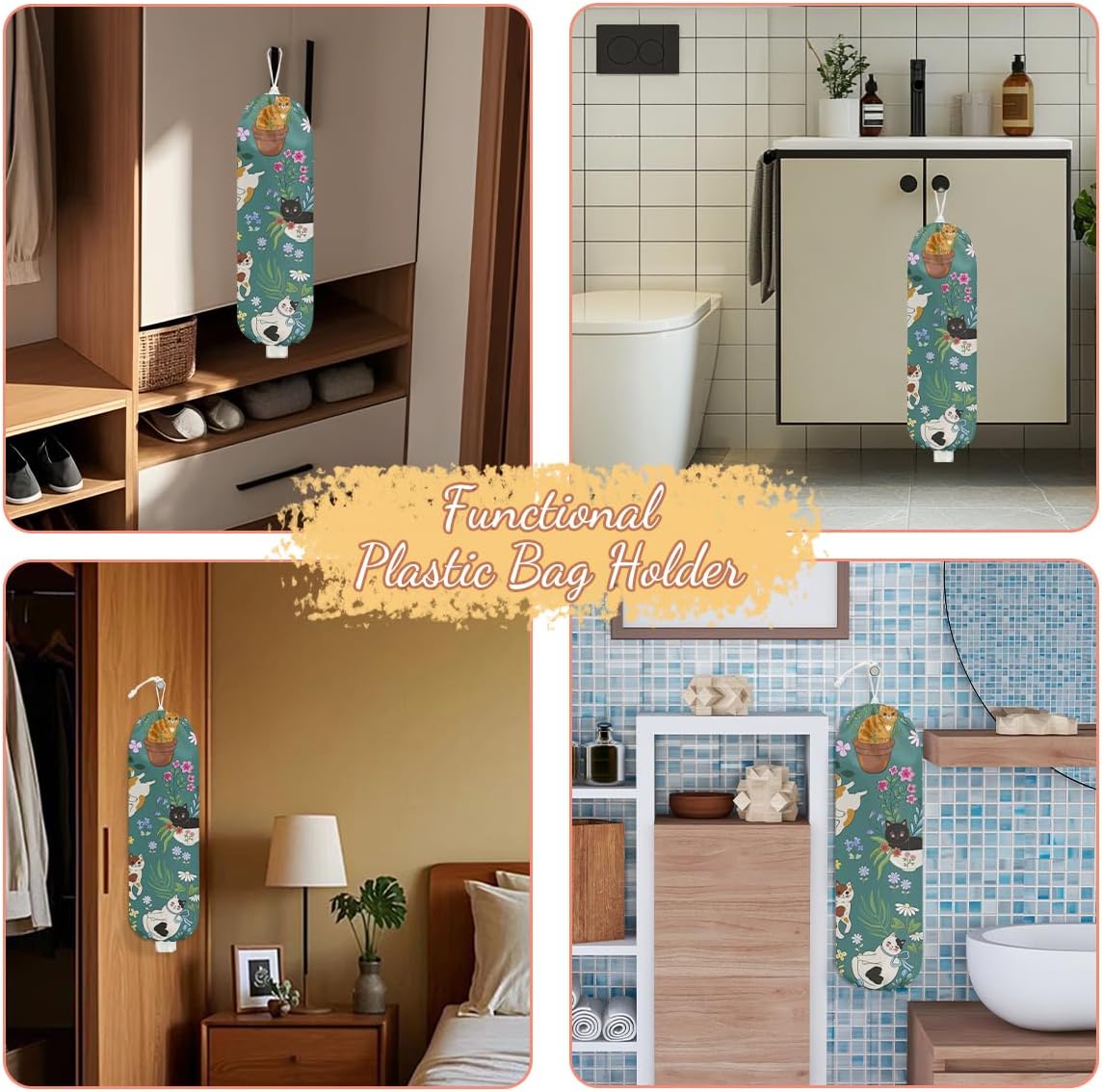 Garden Cat Plastic Bag Holder, Wall Mount Grocery Bag Holder, Plastic Storage bag, Pull Rope Free Adjustment, Plastic Bag Holders for Grocery Bags, Plastic Bag Dispenser for Home Kitchen
