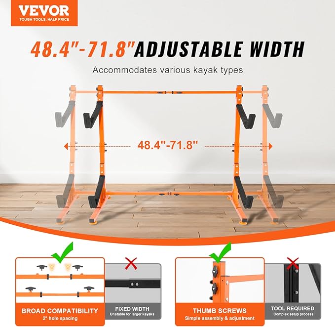VEVOR Freestanding Kayak Storage Rack, Kayak Stand for 2 or 4 Kayak Canoe Paddleboard, Heavy-Duty Steel Kayak Hanger Holder with Padded Arms and Adjustable Width,for Indoor Outdoor Garage