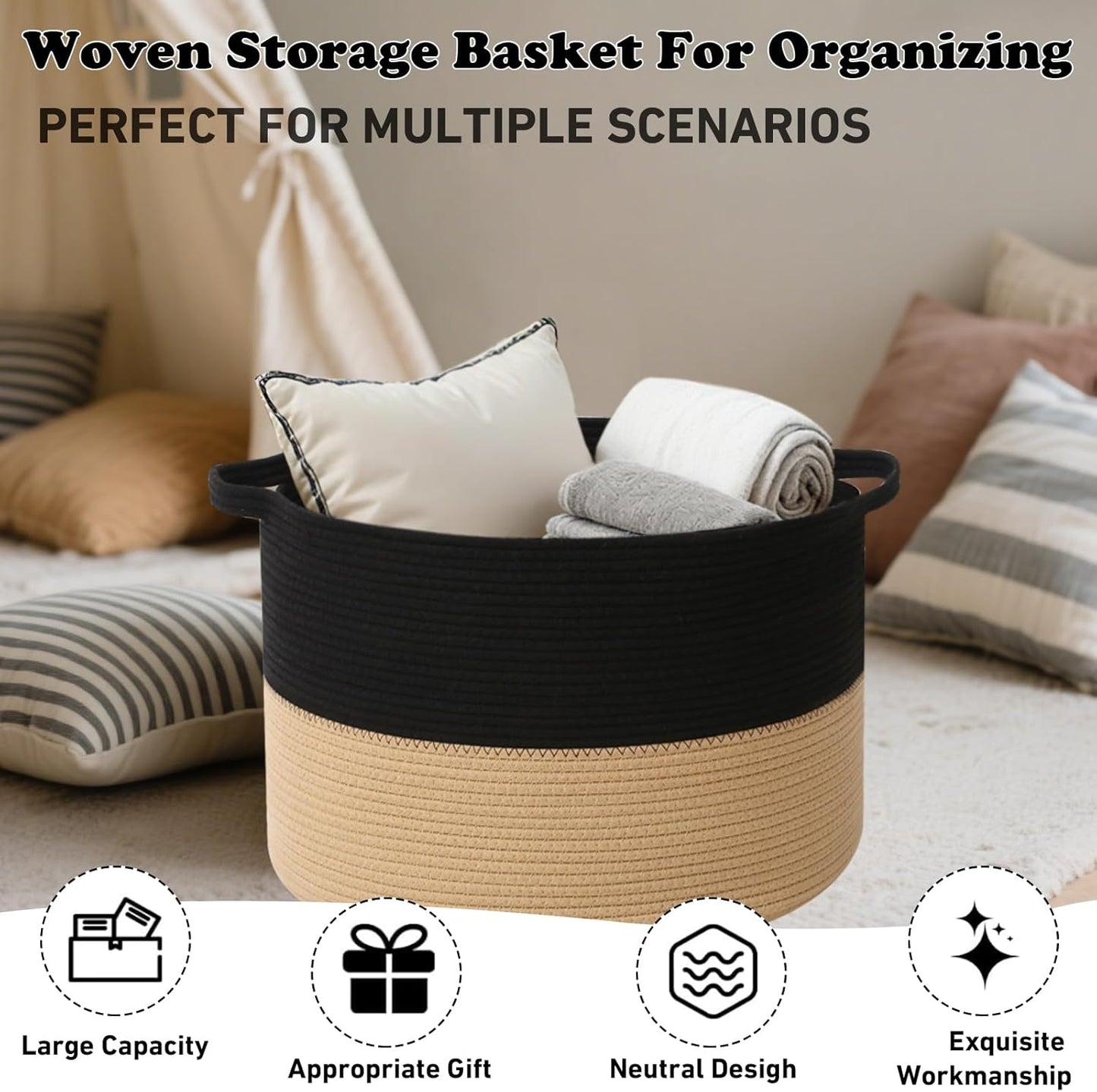 Large Blanket Basket for Organizing,115L Closet Organizers and Storage Bins Box for Shelves Woven Rope Storage Baskets,Living Room,Bedroom,Dorm,Laundry room (Black&Camel)