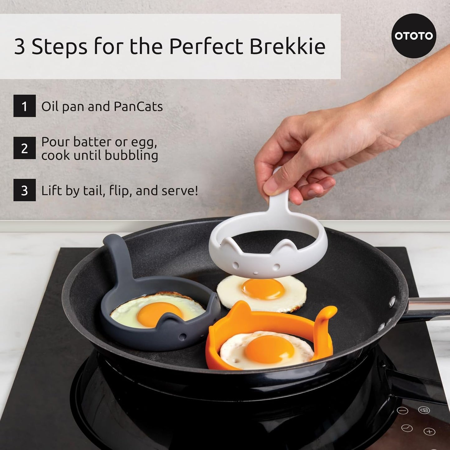 OTOTO PanCats Egg Ring Set of 3 - Silicone Egg Rings for Frying Eggs, Non Stick Fried Egg Cooker Ring, Cat Gifts for Cat Lovers, Cute Funny Kitchen Accessories Gadgets (Multicolor)