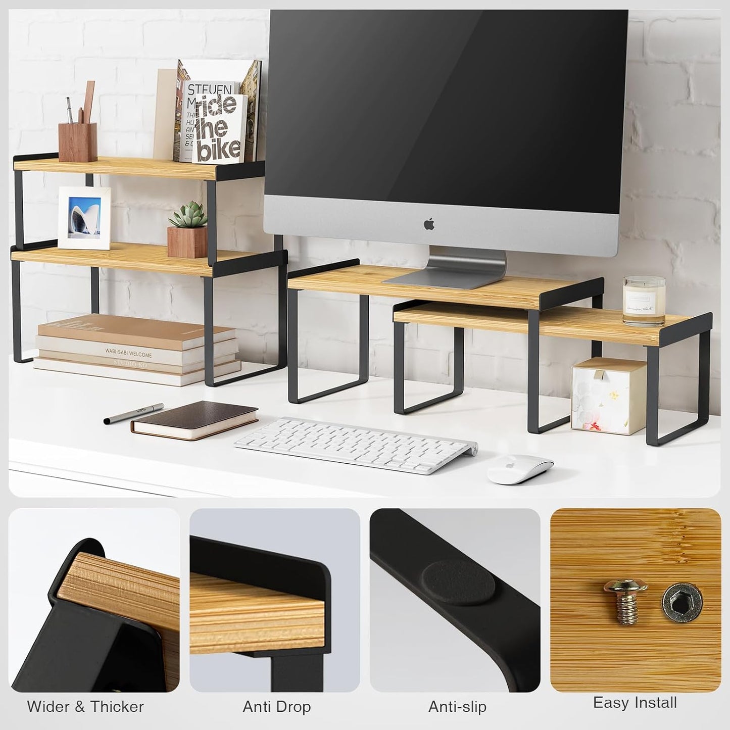 Kitchen Cabinet Organizer Shelf Set of 4, Stackable Pantry Cupboard Countertop Storage and Organizer, Desk Shelf Riser, Spice Plate Cup Expandable Storage Rack,(Black Bamboo) Large