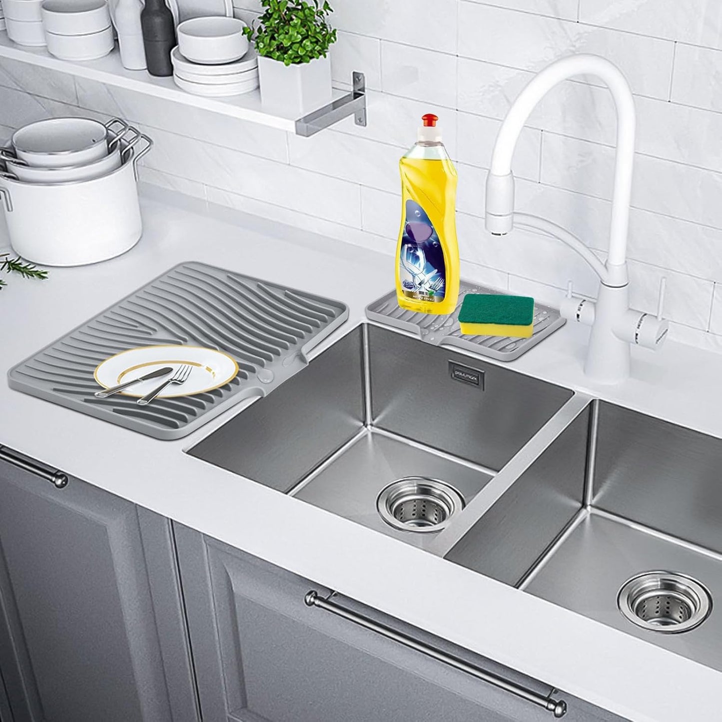 Silicone Dish Drying Mat for Kitchen Counter, Dish Drying Pad, Non-Slip Drain Pad with Built-in Drain, Heat Resistant Stone Drying Mat, 3 pcs (Grey)