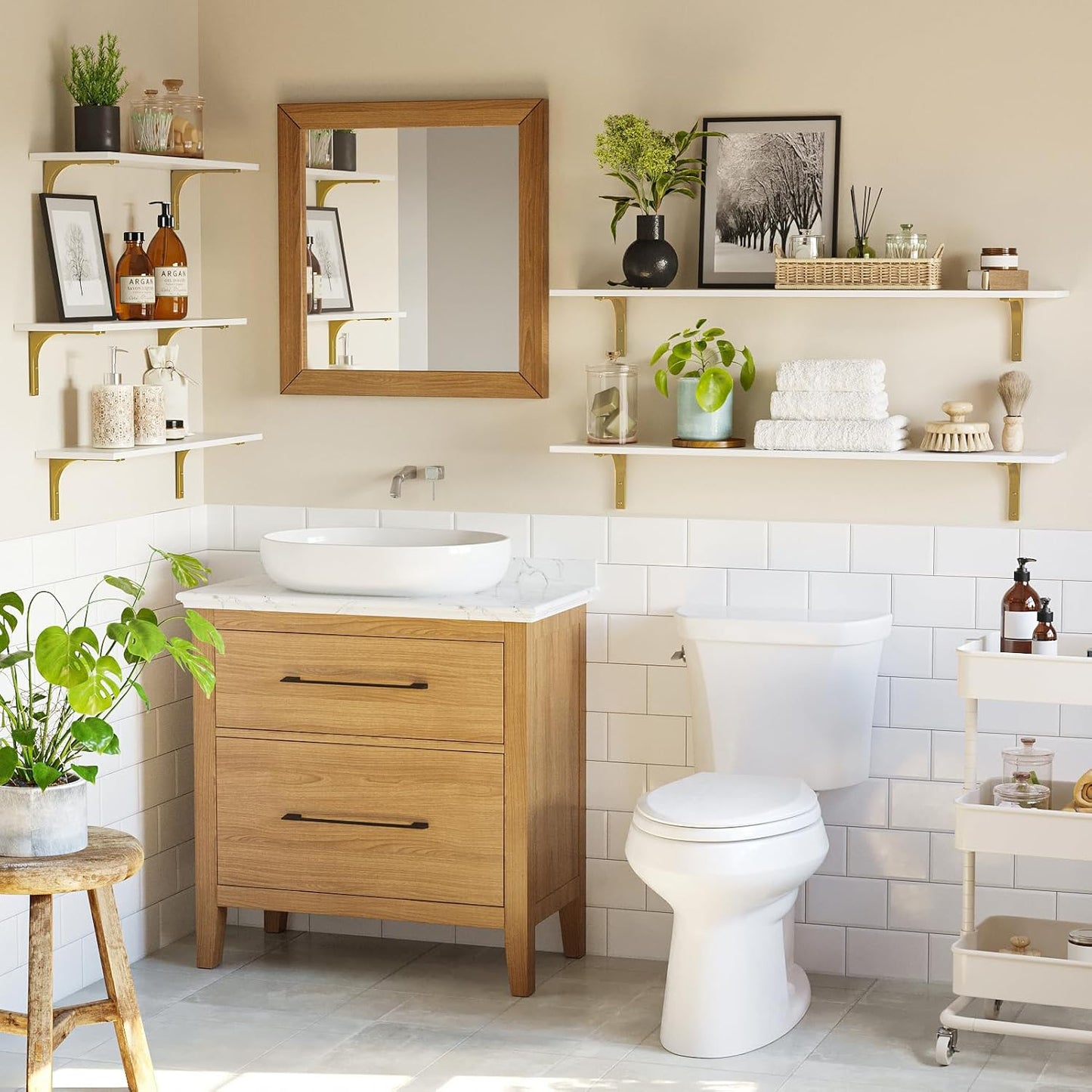 DINZI LVJ Long Wall Shelves, 47.3" Wall Mounted Shelves Set of 4, Large Floating Shelves for Wall with Metal Brackets, for Living Room, Bathroom, Bedroom, Kitchen, White and Gold