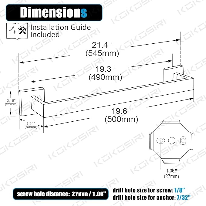 KOKOSIRI 20-Inch Single Towel Bar SUS304 Stainless B4003BK-L20