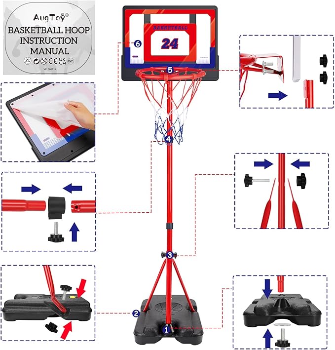 Kids Basketball Hoop Adjustable Height 3.5 ft-6.2 ft 2-4-6-8 First