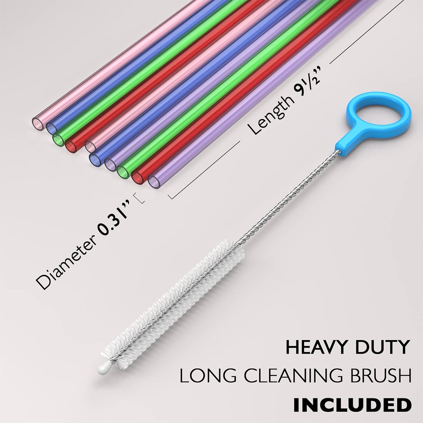 20 Long Reusable Hard Plastic Drinking Straws, Medium Width + Sturdy Cleaning Brush - for Tumblers, Mason Jars, Smoothies and Milkshakes - Dishwasher Safe BPA Free