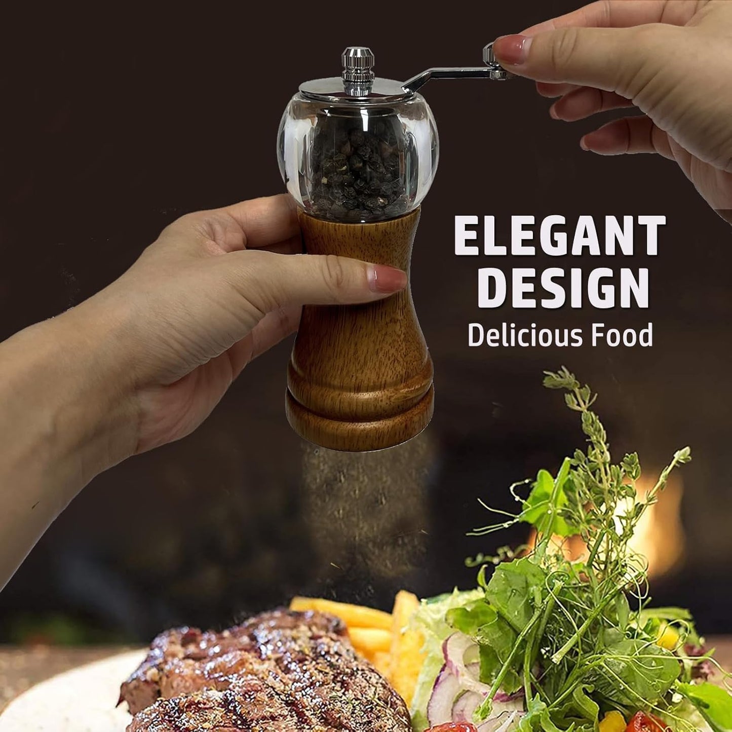 Pepper Mill Set, Manual Pepper Mills, Classical Hand Shake Wooden Pepper Grinder Set or Salt Grinder, Salt Mills Ceramic Blades Metal Handle, Enjoy Fresh Ground spices (Antique 1pcs-6in)