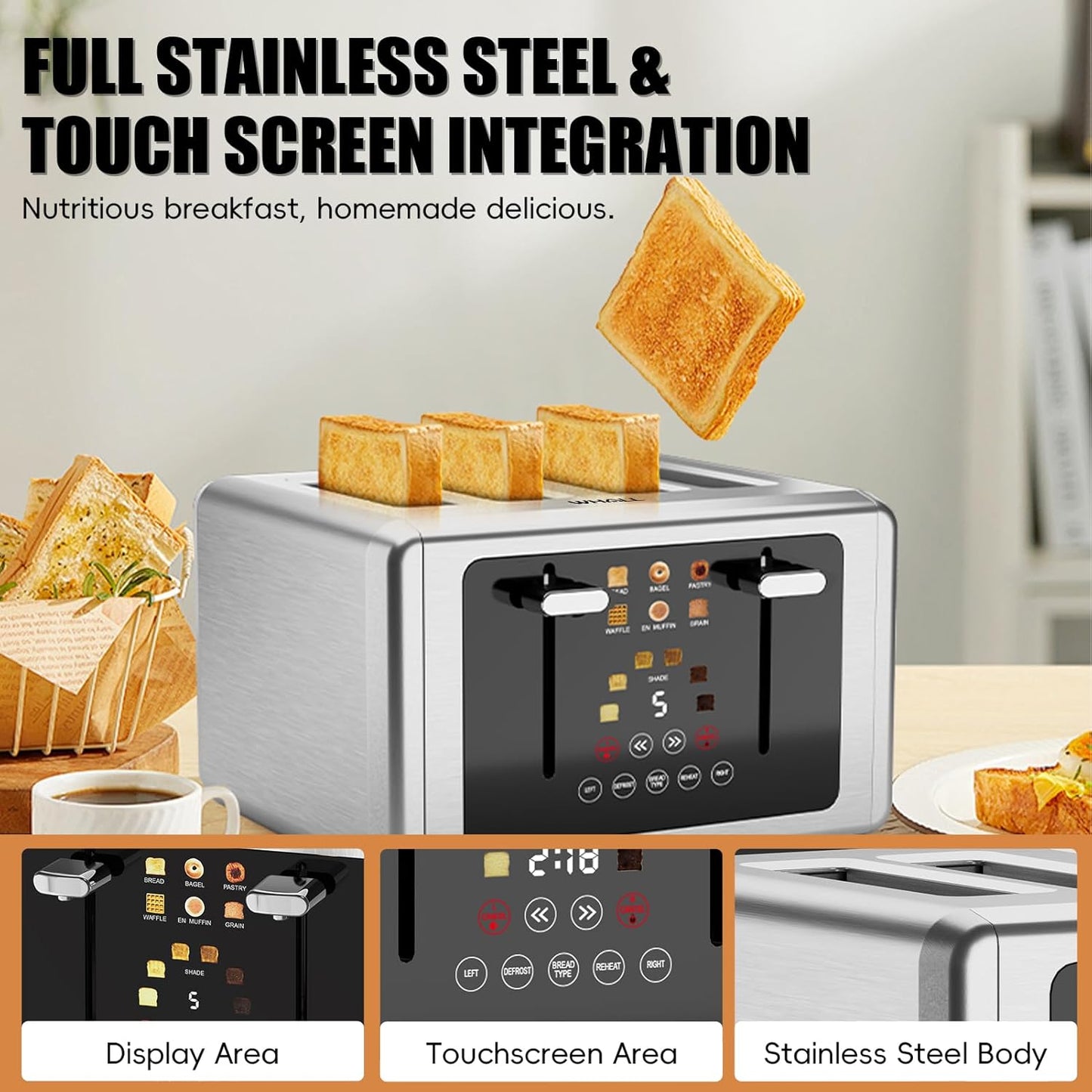 whall 4 Slice Touch Screen Toaster, Stainless Steel Toasters Digital Timer, Dual Control Panel Toasters,6 Shade Settings&6 Bread Types, Smart Wide Slots, Bagel, Cancel, Defrost,Stainless Steel