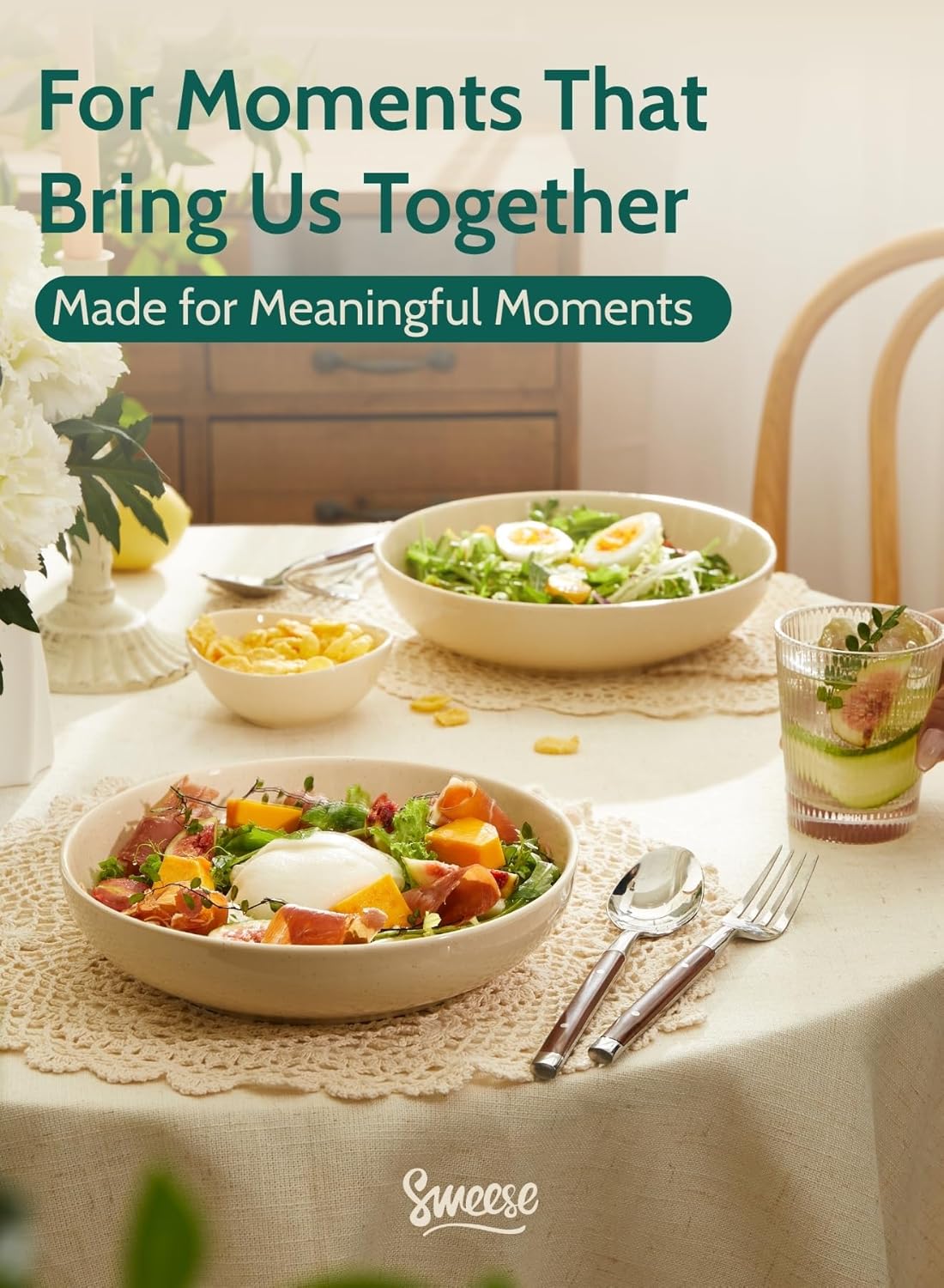 Sweese 30 Oz Salad Serving Bowls Set of 6, 8.4 Inch, Porcelain Pasta Plates - Microwave Dishwasher Safe, Beige