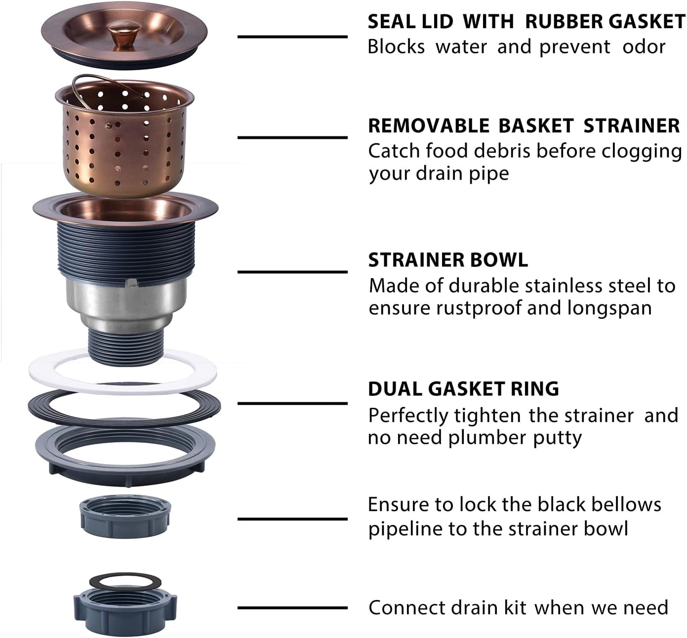 KONE 3/1-2 Inch Sink Drain Assembly Antique Copper Kitchen Sink Drain Kit Copper Stainless Steel Sink Basket Strainer Rubber Stopper, Sealing Lid/Removable Deep Waste Basket for Home, Kitchen