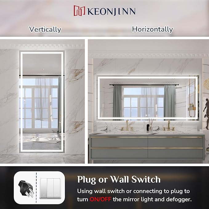 Keonjinn 72 x 32 Inch LED Bathroom Mirror IP54, Tempered