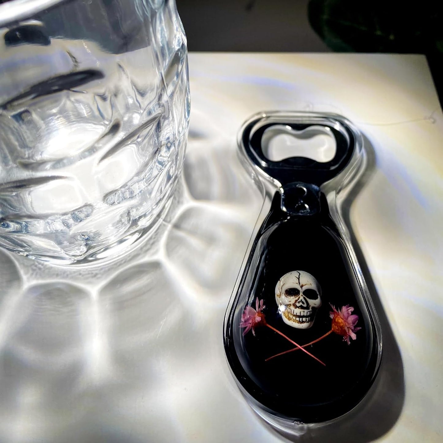 Halloween Ghost Skull Decor, Magnetic Bottle Opener, Original Design Skull Flower in Black Resin – Strong Magnet for Fridge – – Gothic Halloween Gifts - Midnight Black