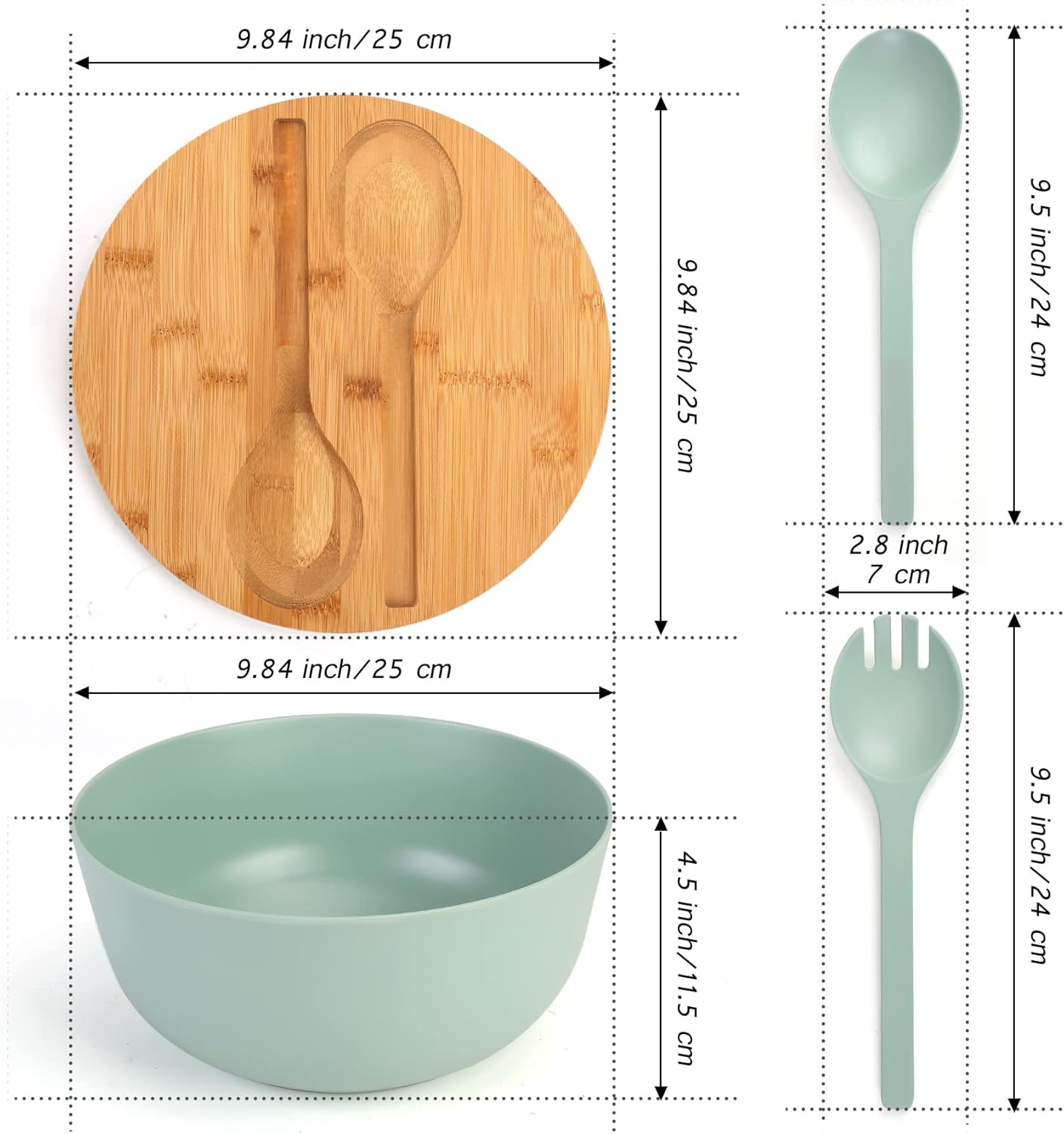 ShineMe Large Salad Bowl with Lid, Salad Serving Bowl Set with Utensils, 9.8inches Mixing Bowl with Servers, Solid Bamboo Wooden Bowl for Salad, Fruits, Vegetables and Pasta(elegant green)